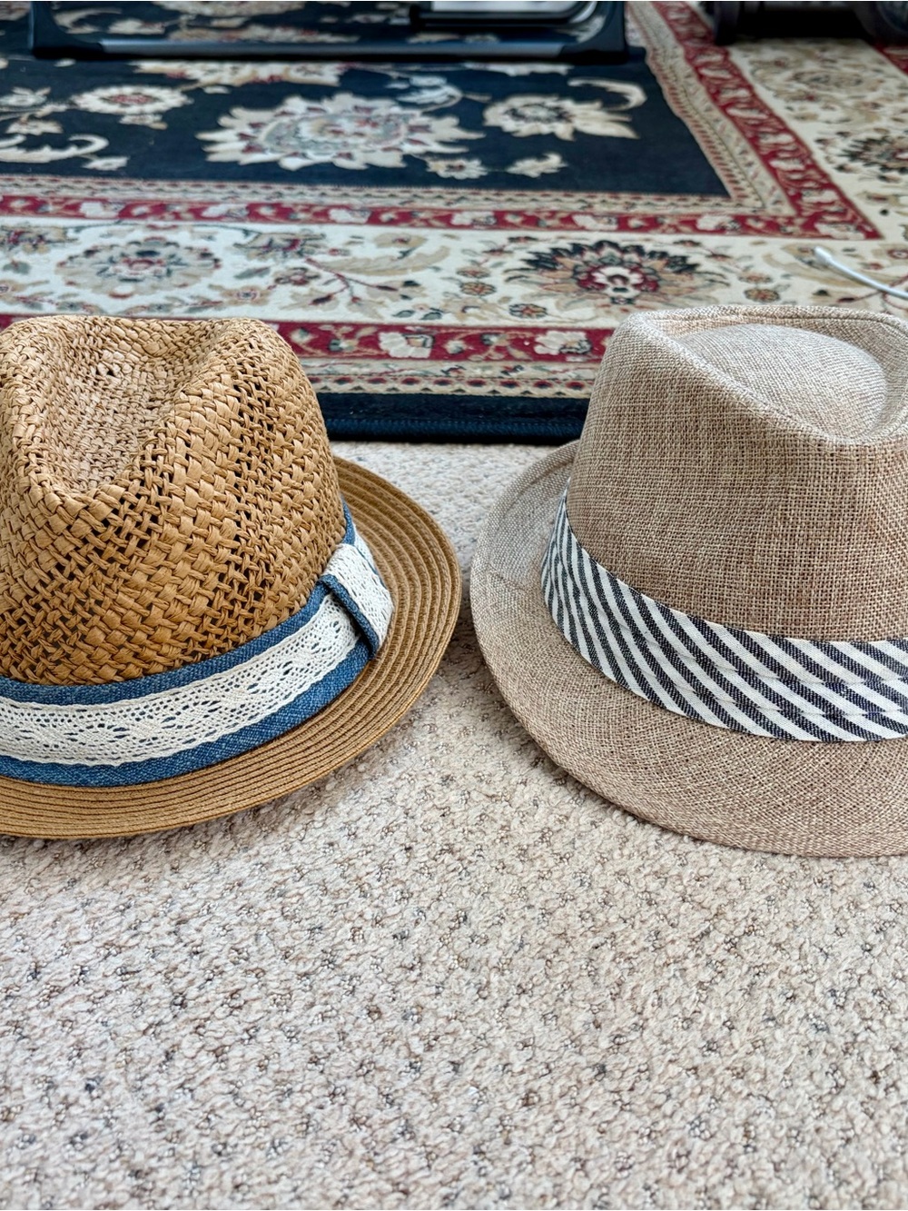 LOFT Women's Straw Fedora Hats with Decorative Bands - blue and cream boarders